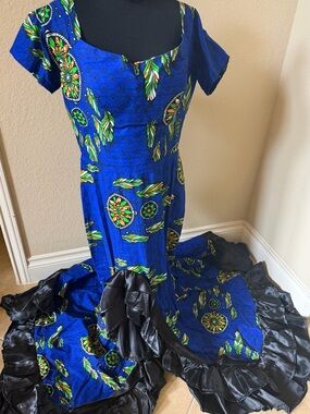 Ankara print Blue Floral-Print Maxi Dress with Ruffle Hem